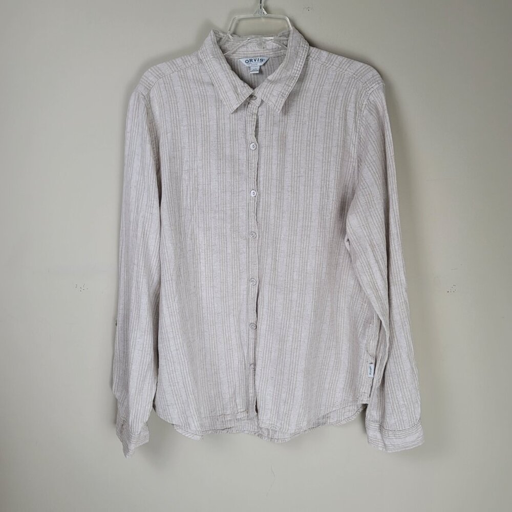 Orvis Women Linen Blend Button Down Shirt large Beige Striped Lightweight Top - Picture 3 of 9